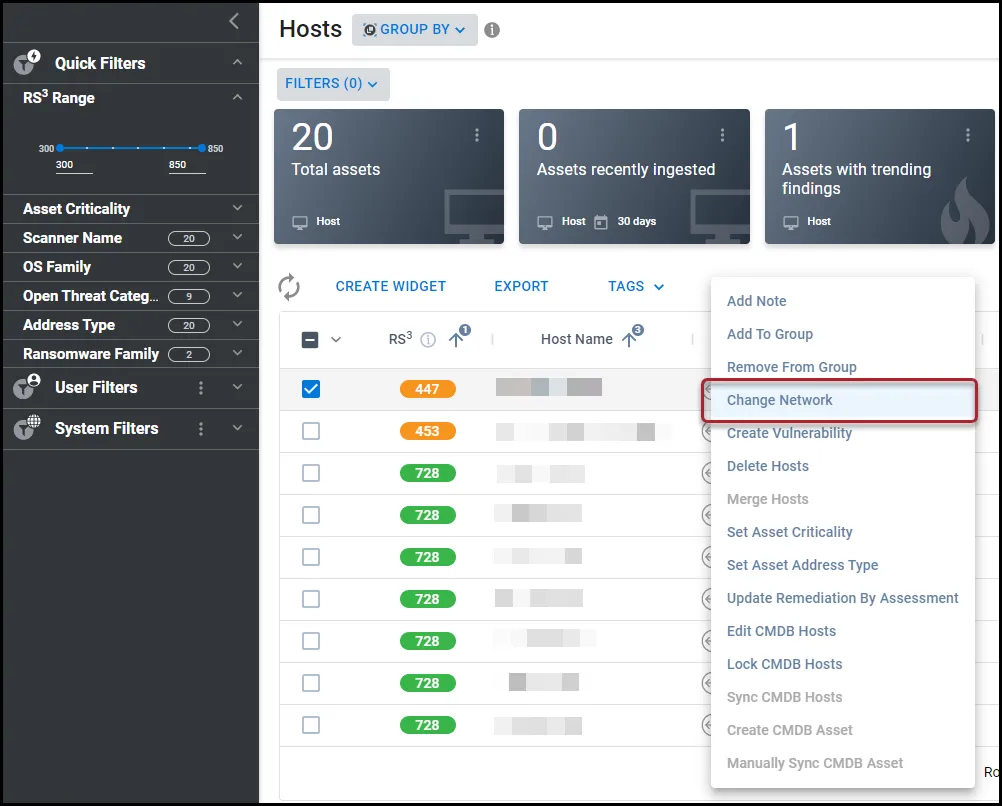 Change Network menu location under the Actions menu on the Hosts page.