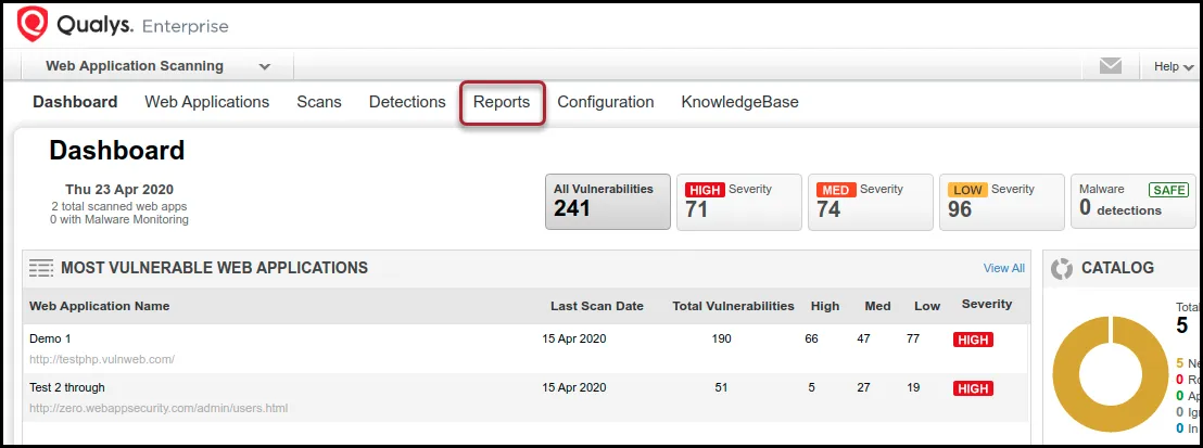 Qualys WAS - Reports Dashboard Location