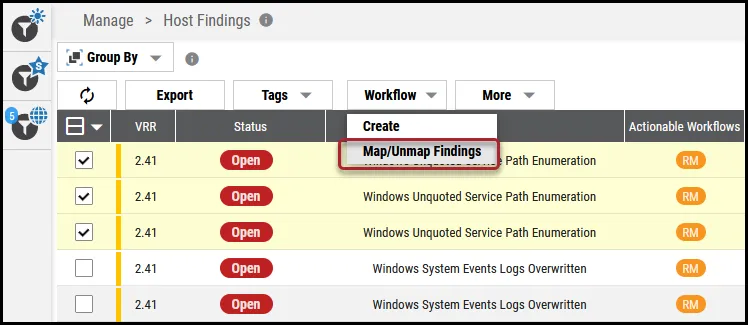 Remove Findings Workflow - Map Unmap Findings Menu Location