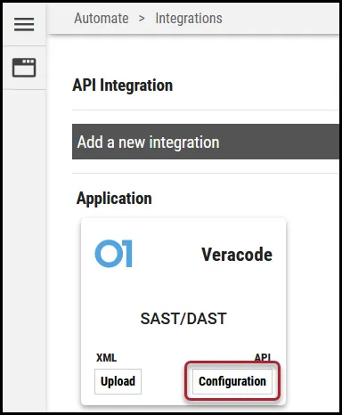 Veracode Connector - Configuration Button Location