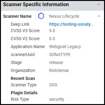 On the Application Findings page, displays the section of the detail pane showing Scanner Specific Information.