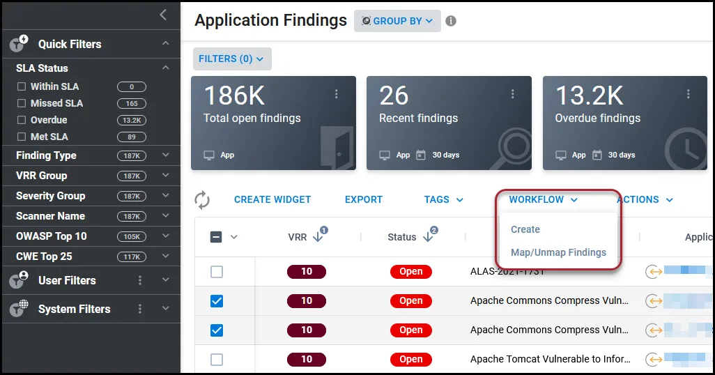 Location of the Workflow button and menu on the Application Findings page.