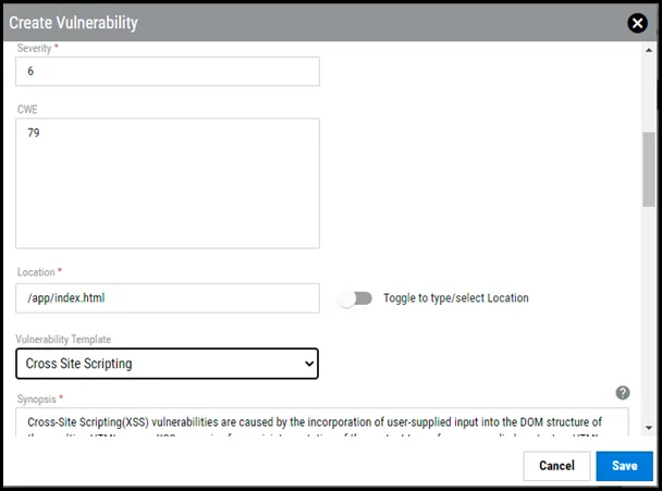 Creating Vulnerability - Create Vulnerability Window 2