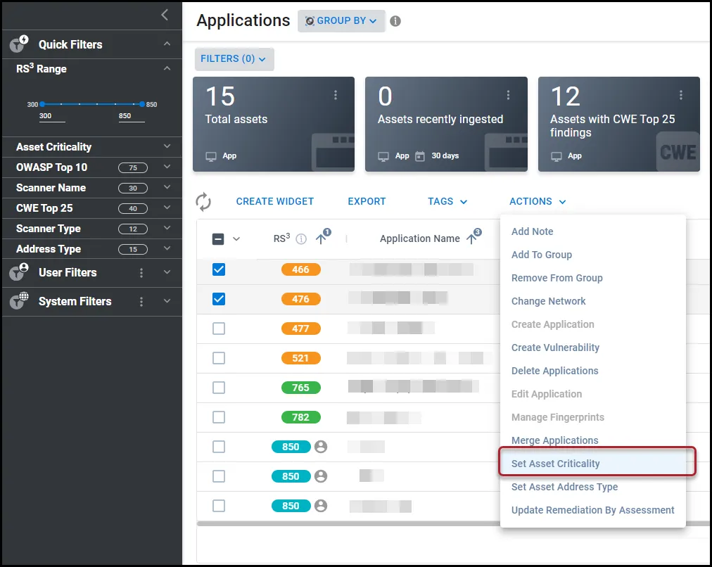 Set Asset Criticality menu location in the Actions menu on the Applications page.