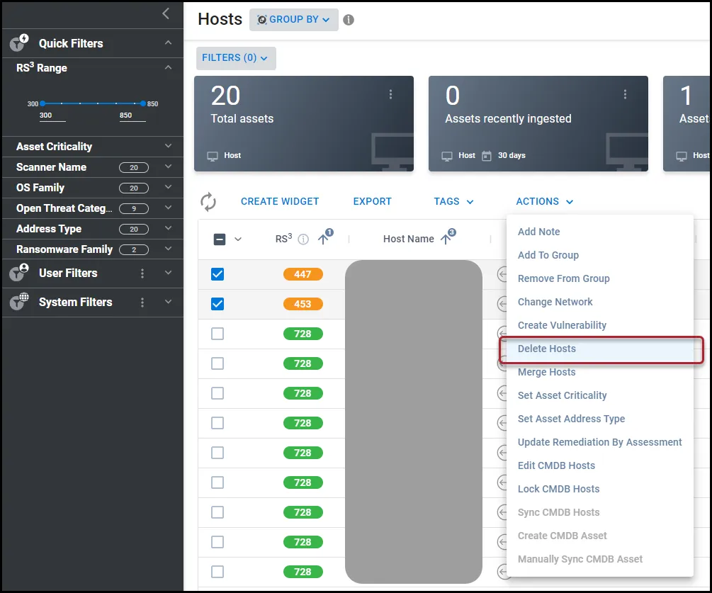 Location of the Delete Hosts menu option in the Actions menu on the Hosts page.