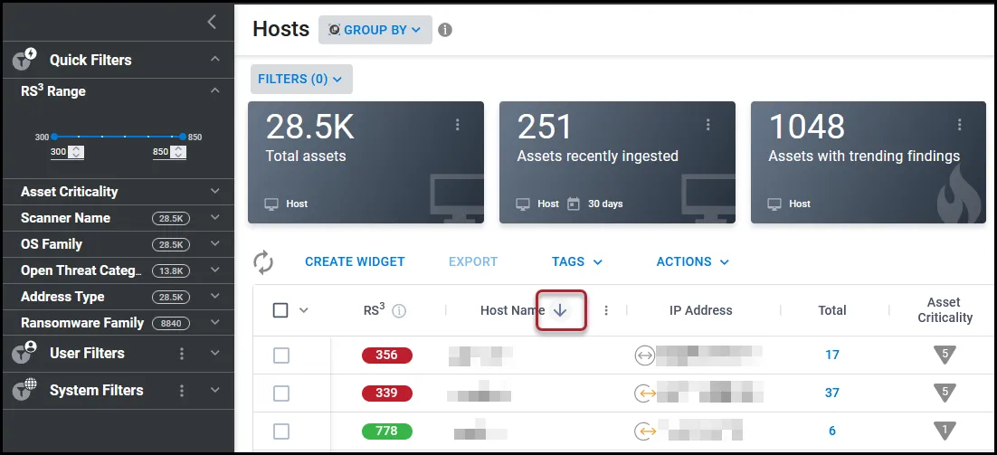 Location of the sort arrow for a column on the Hosts page.