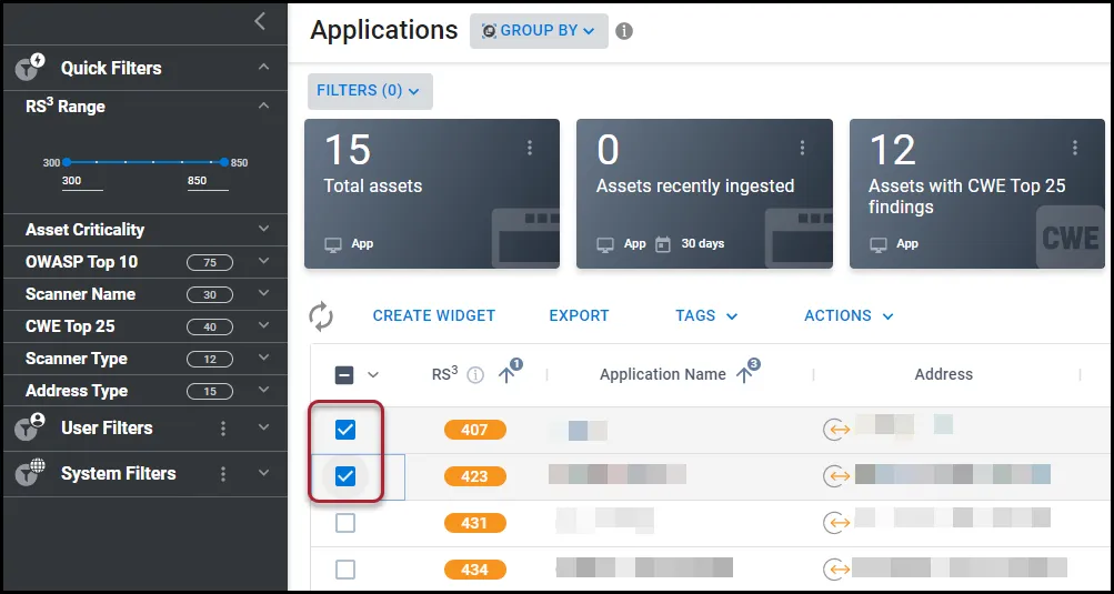 Selecting two applications on the Applications page to remove from a group.