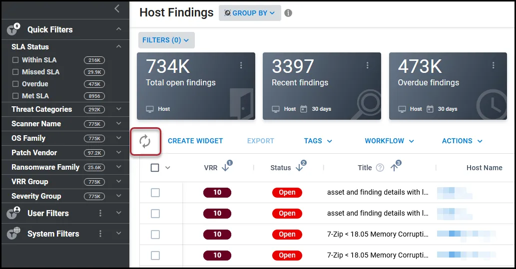 Location of the Refresh button on the Host Findings page. Location of the Refresh button on the Host Findings page.