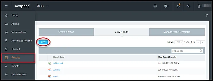 Nexpose Vuln Report - New Report Button
