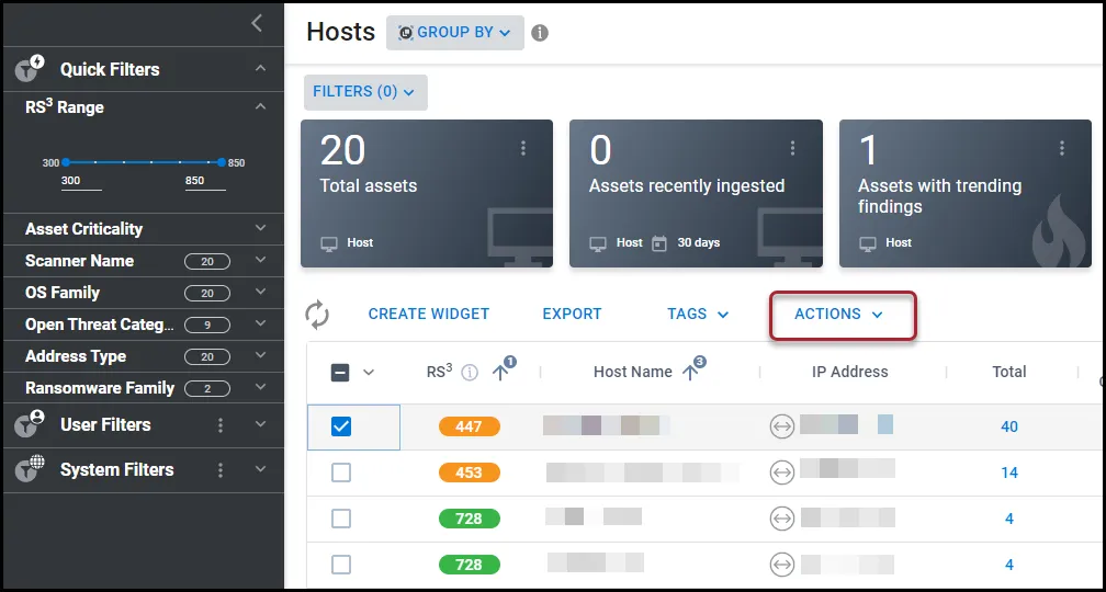 Location of the Actions button on the Hosts page.