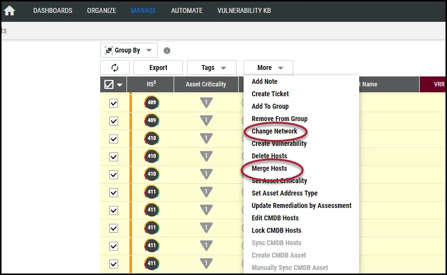 Duplicate Assets - Change Network and Merge Hosts Menu Location