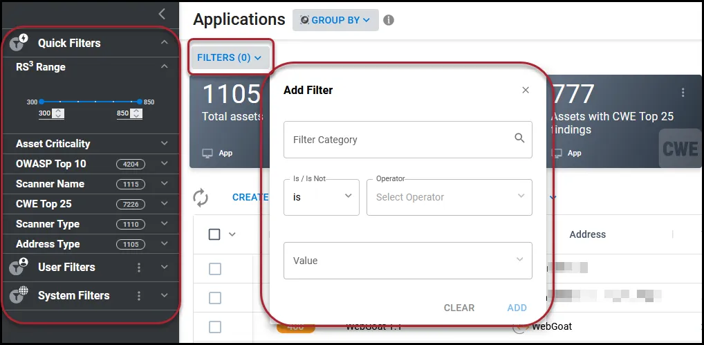 On the Applications page, the filter bar on the left is highlighted along with the expanded Add Filter menu. On the Applications page, the filter bar on the left is highlighted along with the expanded Add Filter menu.