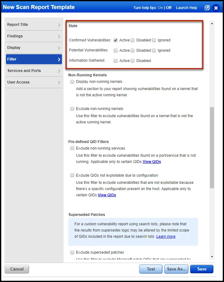 Qualys Vuln Report - Filters - State