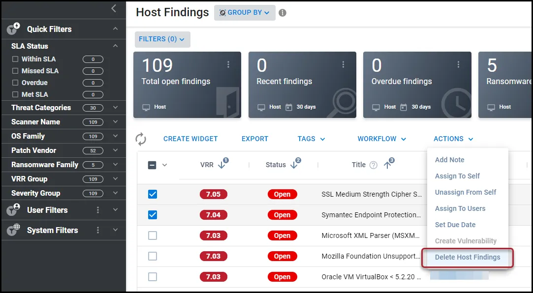 Delete Host Finding menu location in the Actions menu on the Host Findings page.