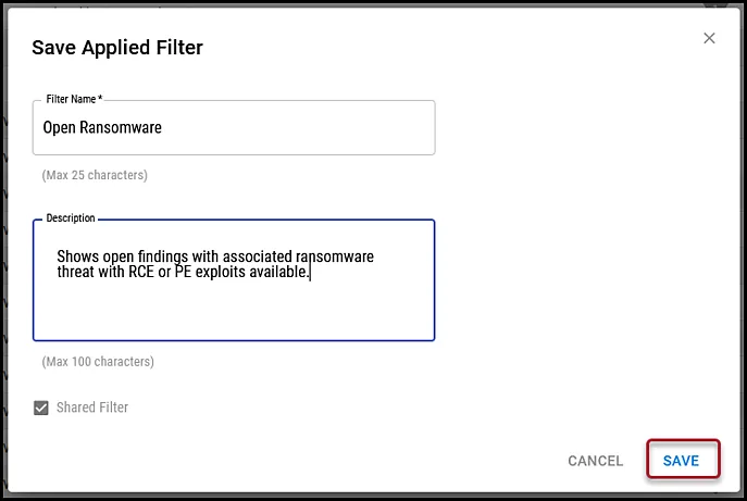 Saving a Filter - Save Applied Filter Window