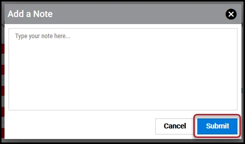 Displays the Add a Note window and the location of the Submit button.