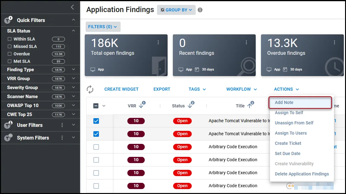 Highlights the Add Note menu option under the Actions button on the Application Findings page.