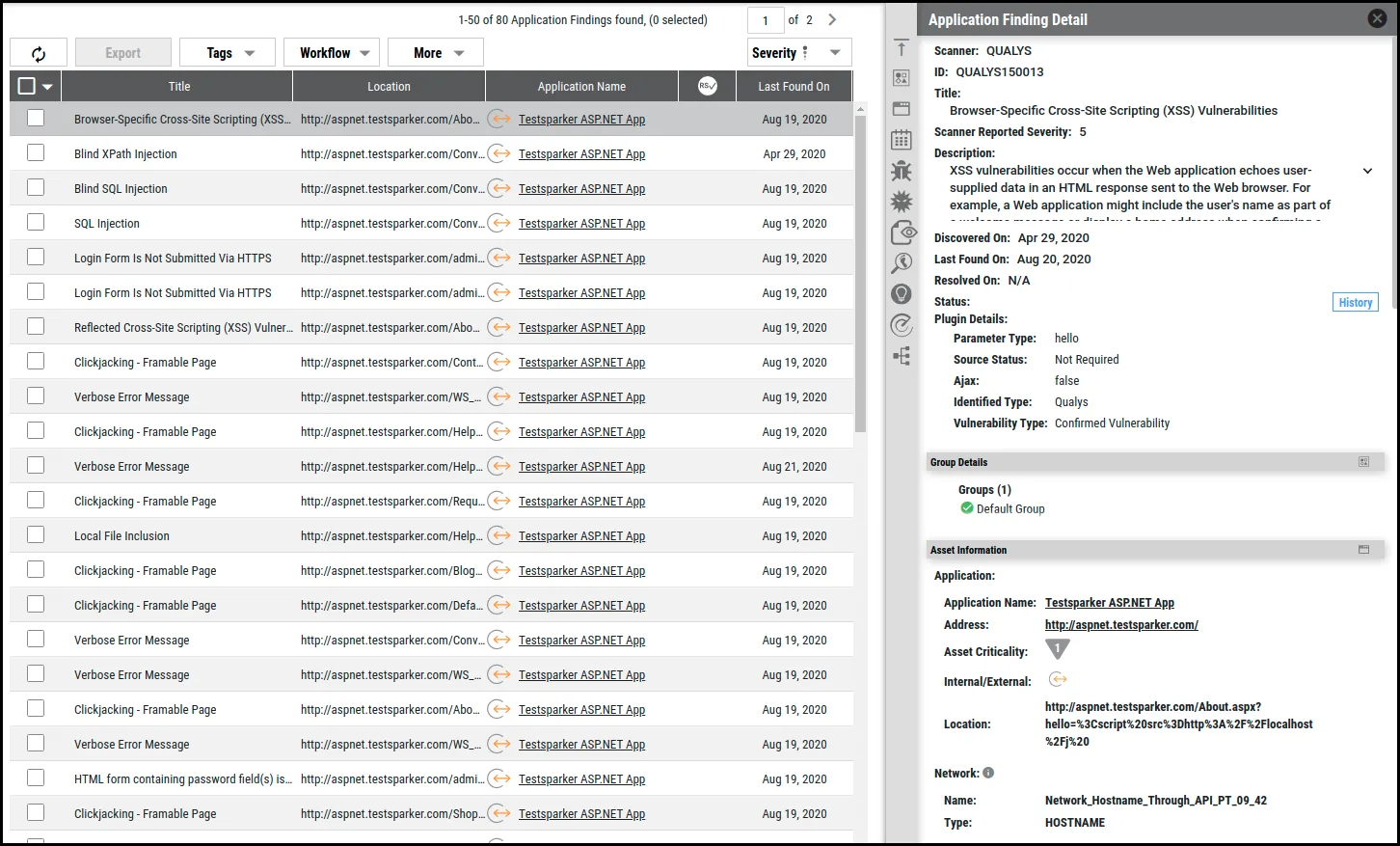 Qualys WAS Connector - Application Findings Page