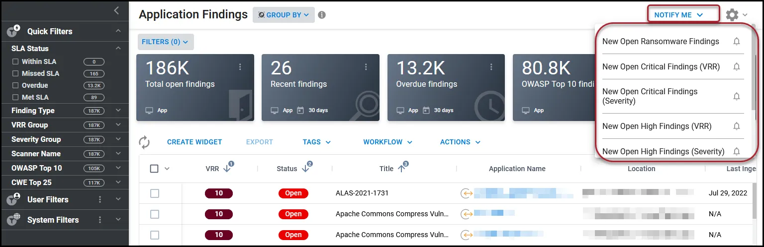 Location of the Notify Me button and menu on the Application Findings page.
