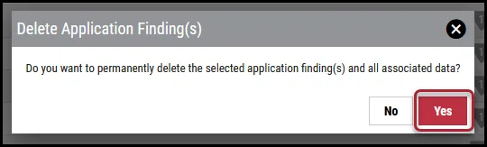 Delete Application Findings - Delete Application Findings Window