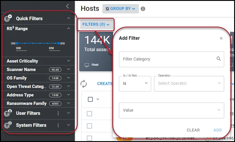On the Hosts page, the Quick Filters, User Filters, and System filters are highlighted on the left side, and the Add Filter menu is expanded and highlighted.