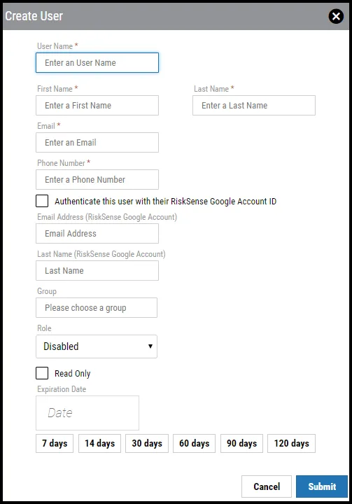 Create SAML User - Create User Window