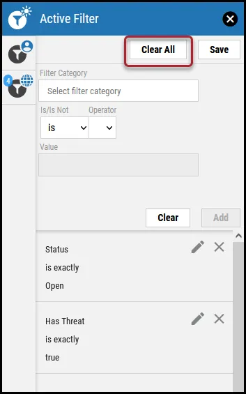 Clearing Active Filters - Clear All Button Location