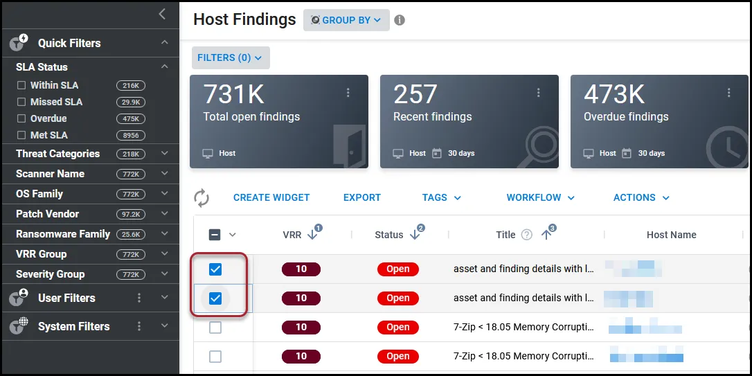 Selecting findings on a findings page to assign to a user.