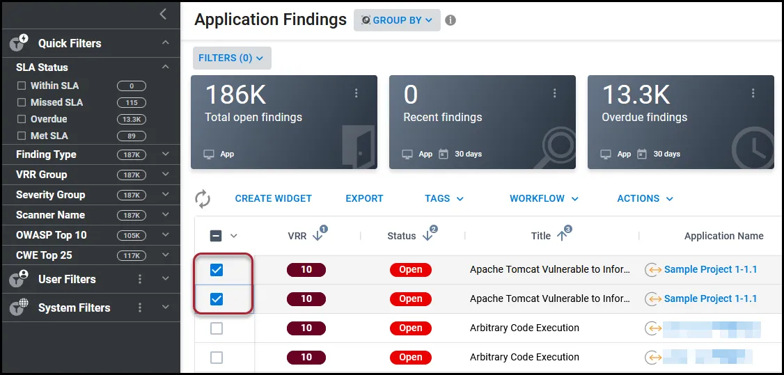 On the Application Findings page, using the first column's checkboxes to select the application findings to add a note.