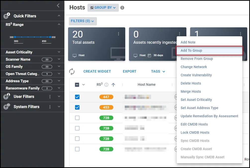 Location of Add to Group menu option in the Actions menu on the Hosts page. Location of Add to Group menu option in the Actions menu on the Hosts page.