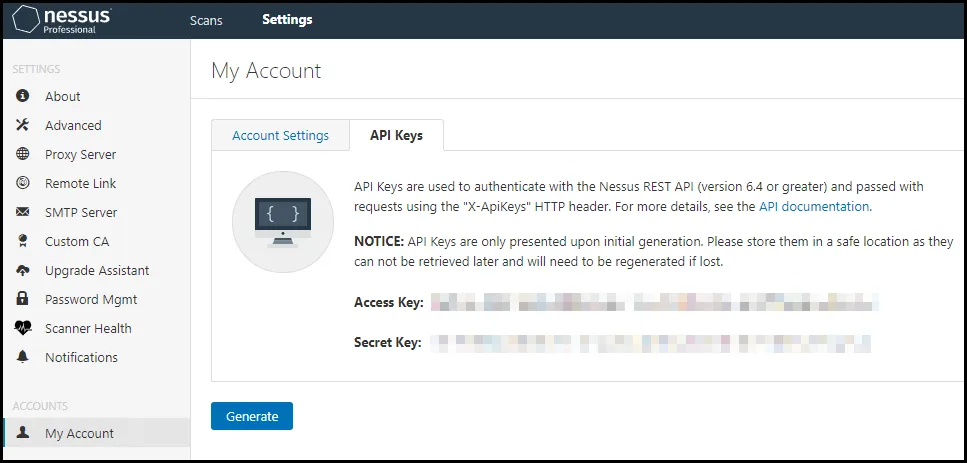 Nessus Connector - Access and Secret Keys in Nessus Nessus Connector - Access and Secret Keys in Nessus
