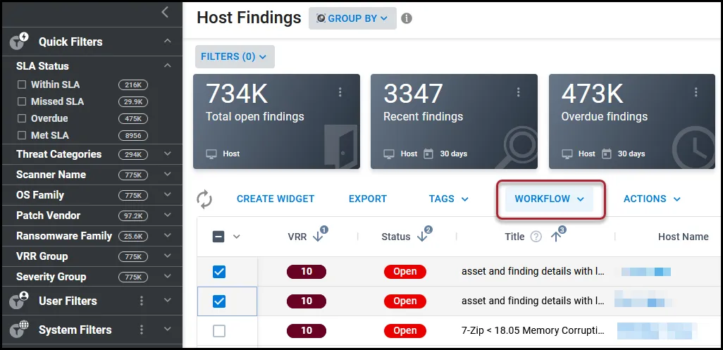 Location of the Workflow button on the Host Findings page.
