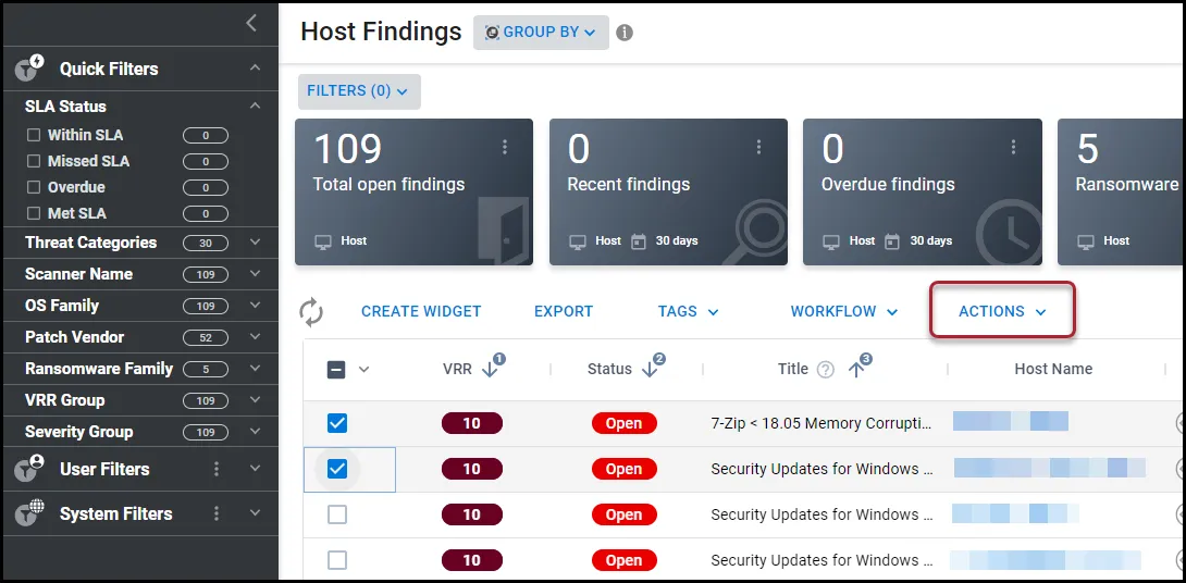 Location of the Actions button on the Host Findings page.