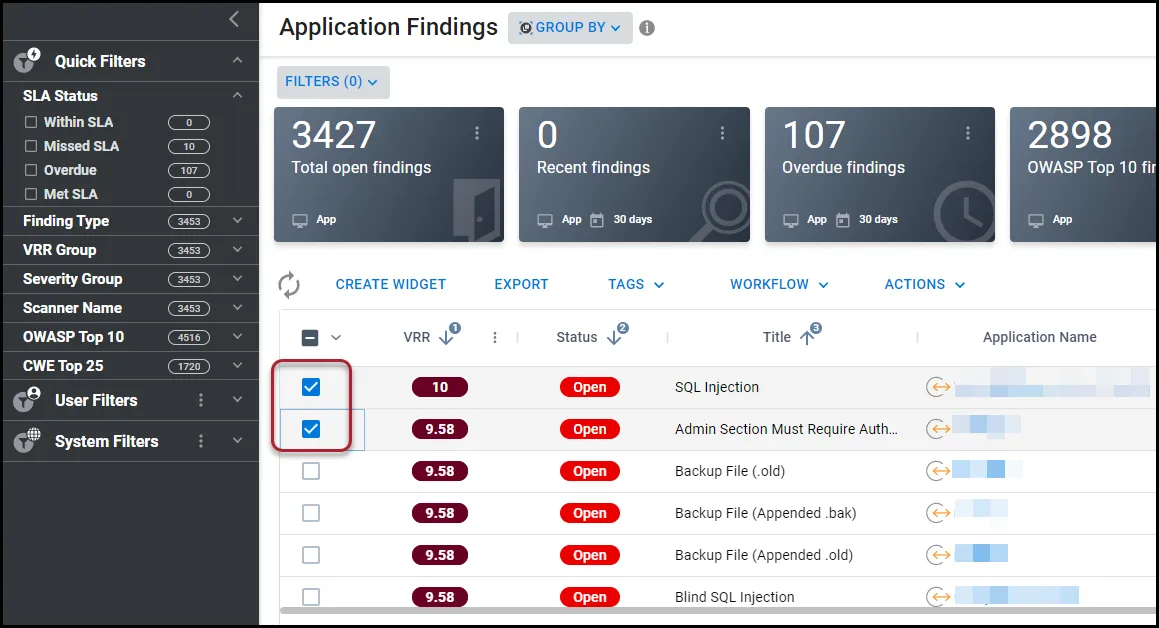 Selecting two application findings for deletion on the Application Findings page.