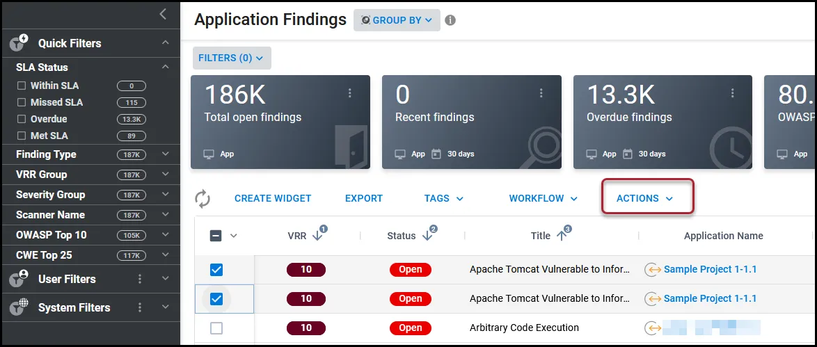 Location of Actions button on a Findings page.