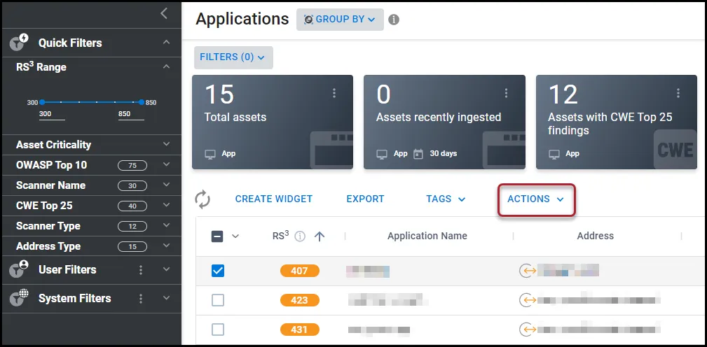 Location of the Actions menu on the Applications page. Location of the Actions menu on the Applications page.