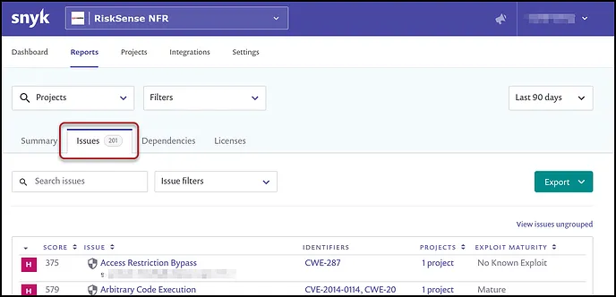 Snyk Export - Issues Tab Location Snyk Export - Issues Tab Location