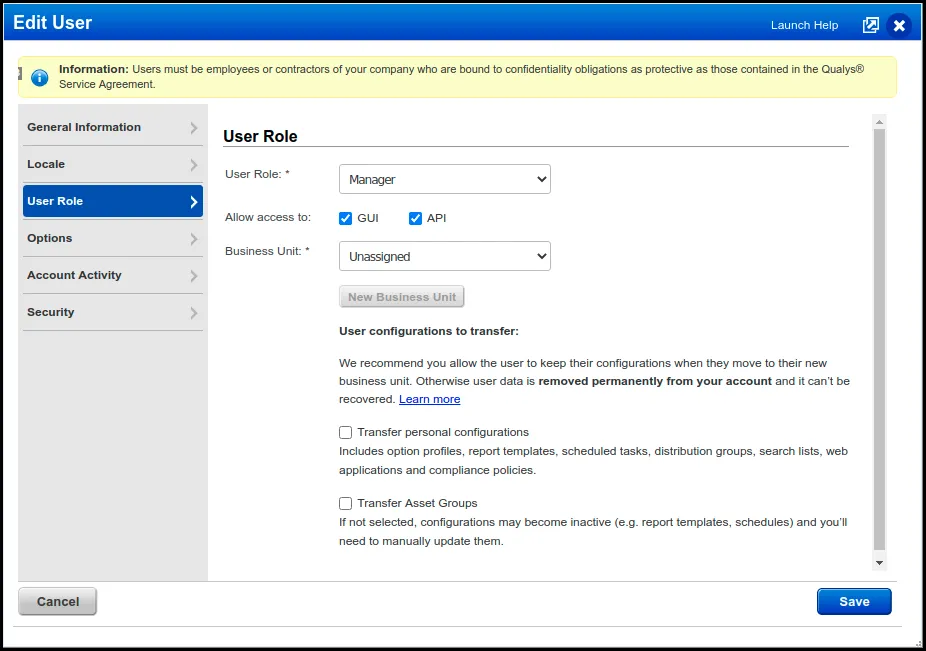 Qualys Asset Connector - Edit User in Qualys