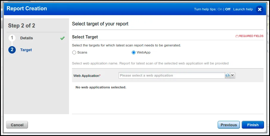 Qualys WAS - Select Target of Report - WebApp