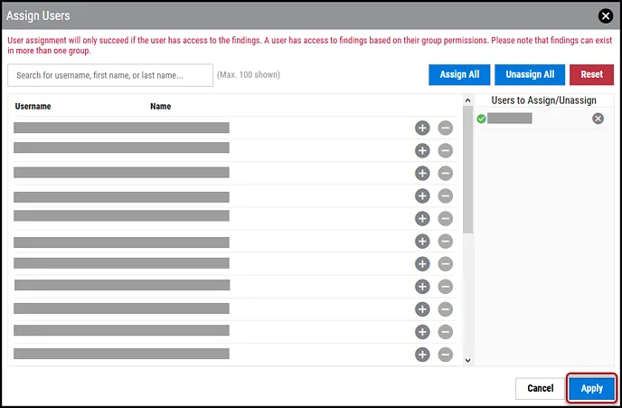 Assign Finding User - Apply Button Location