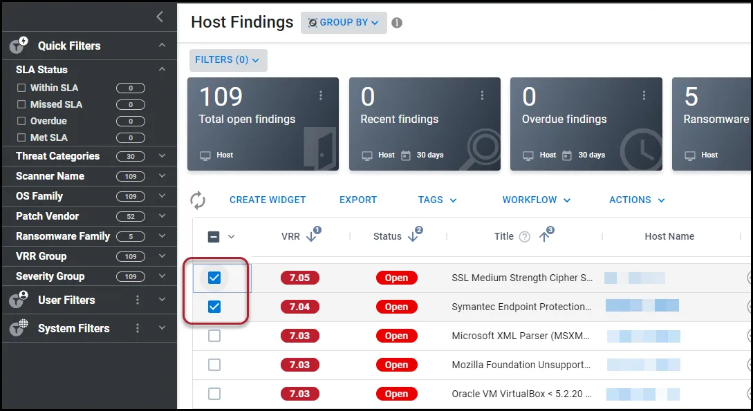 Selecting two host findings on the Host Findings page for deletion.