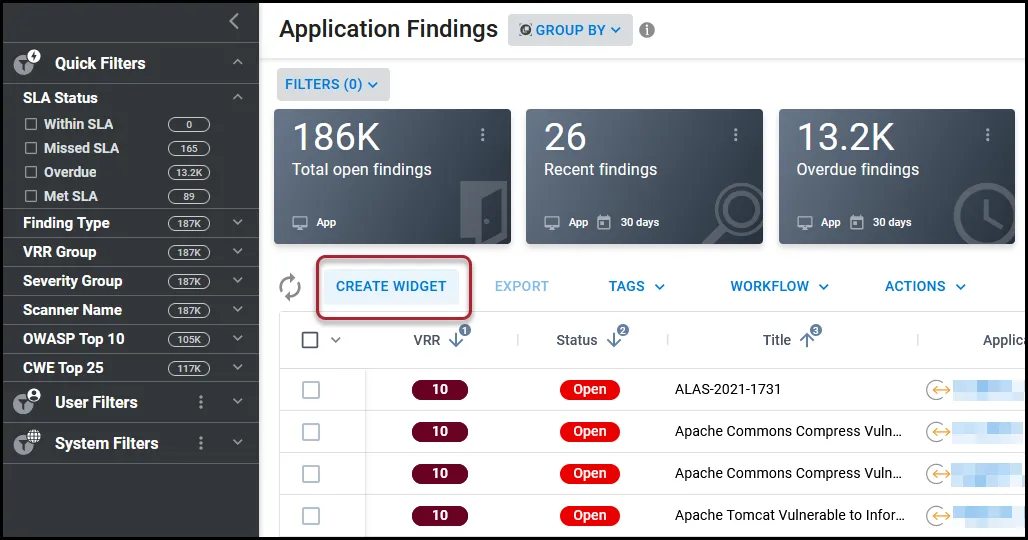 Location of the Create Widget button on the Application Findings page.