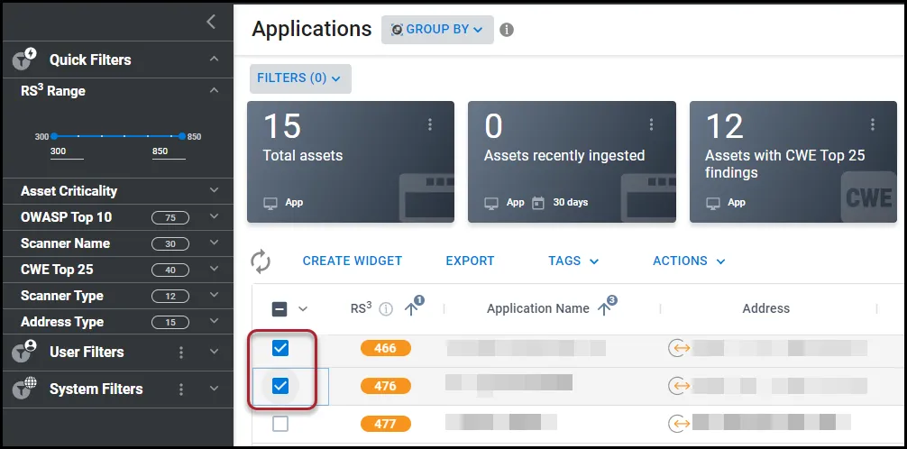 Selecting two applications on the Applications page to set their asset criticality.