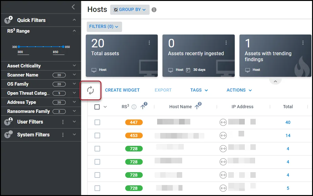 Location of the Refresh button on the Hosts page.