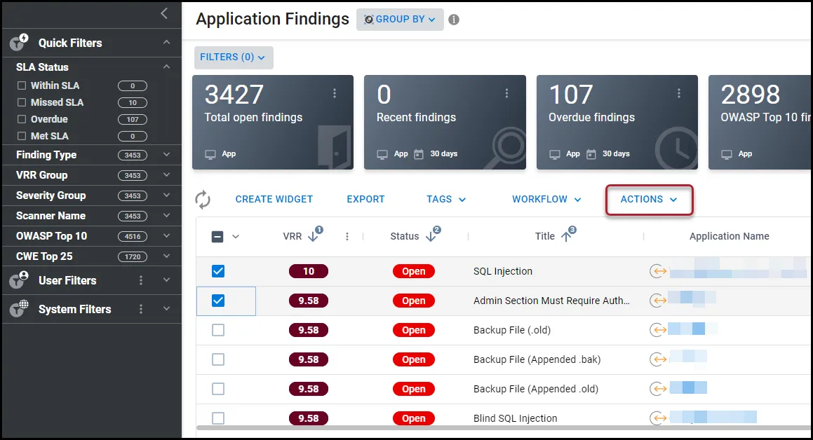 Location of the Actions button on the Application Findings page.