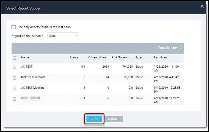 Nexpose Vuln Report - Select Report Scope - Done Button Location
