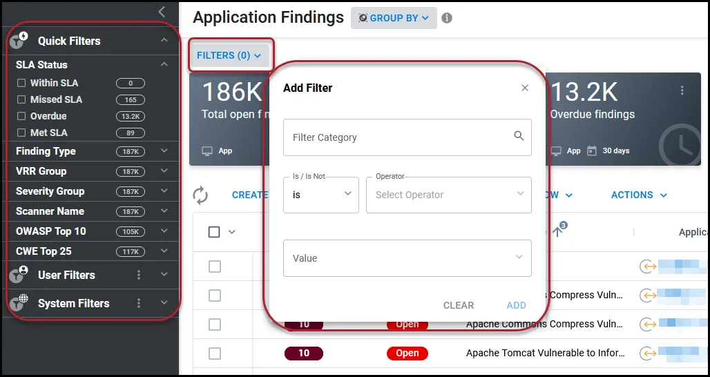 Highlighted the Quick Filter bar on the left. the filter button, and the Add Filter window.