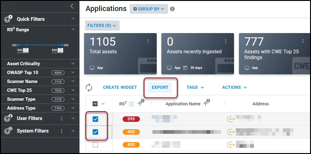 Location of the Export button on the Applications page with two findings selected in the list view. Location of the Export button on the Applications page with two findings selected in the list view.