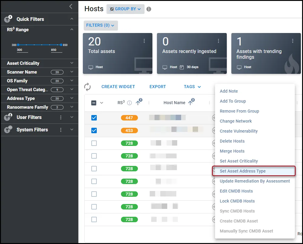 Set Asset Address Type menu location under the Actions menu on the Hosts page.