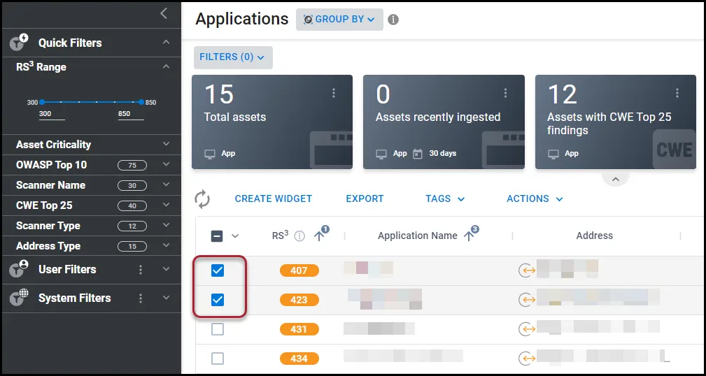 Selecting two applications on the Applications page to add to a group.
